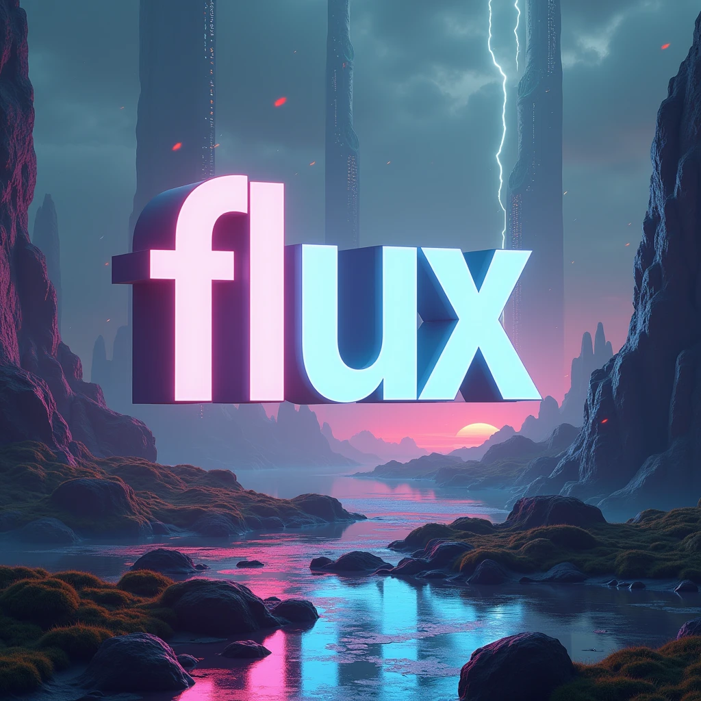 Poster font,The word "FLUX" floats in the air,Surreal landscape