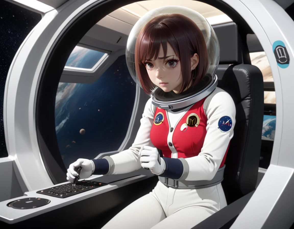 eva helm, spacesuit , astronaut), , bob cut hair, bubble helmet, space helmet, (1girl:1.1) wearing a (spacesuit:1.15), white cargo pants, (ugh, wtf do these buttons do:1.3), inside the cockpit of a (futuristic spaceship:1.1), sitting in the captains chair, (intricate control panels:1.3), (gleaming metal:1.1), surrounded by many buttons and dials and gauges, (confused:1.3), (worried expression:1.1), (nervous:1.1), concerned, beautiful 8k wallpaper, highly advanced, (sleek design:1.3), intricate, highres, superb, 8k wallpaper, extremely detailed, intricate,  from behing