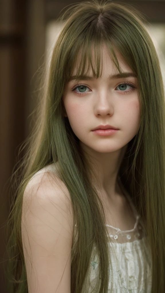 a girl. European. Extremely detailed face. Oval face. Delicate facial features. Half-closed eyes. gentle. Long straight hair. Messy hair. Bangs. Green hair. Green eyes. Pensive. Melancholic. Ethereal. Innocent