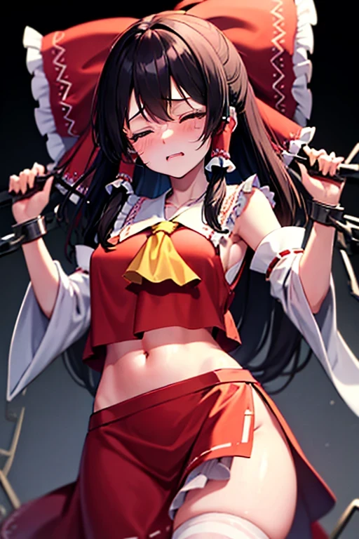 Reimu closes her eyes in pain and cries out in pain.