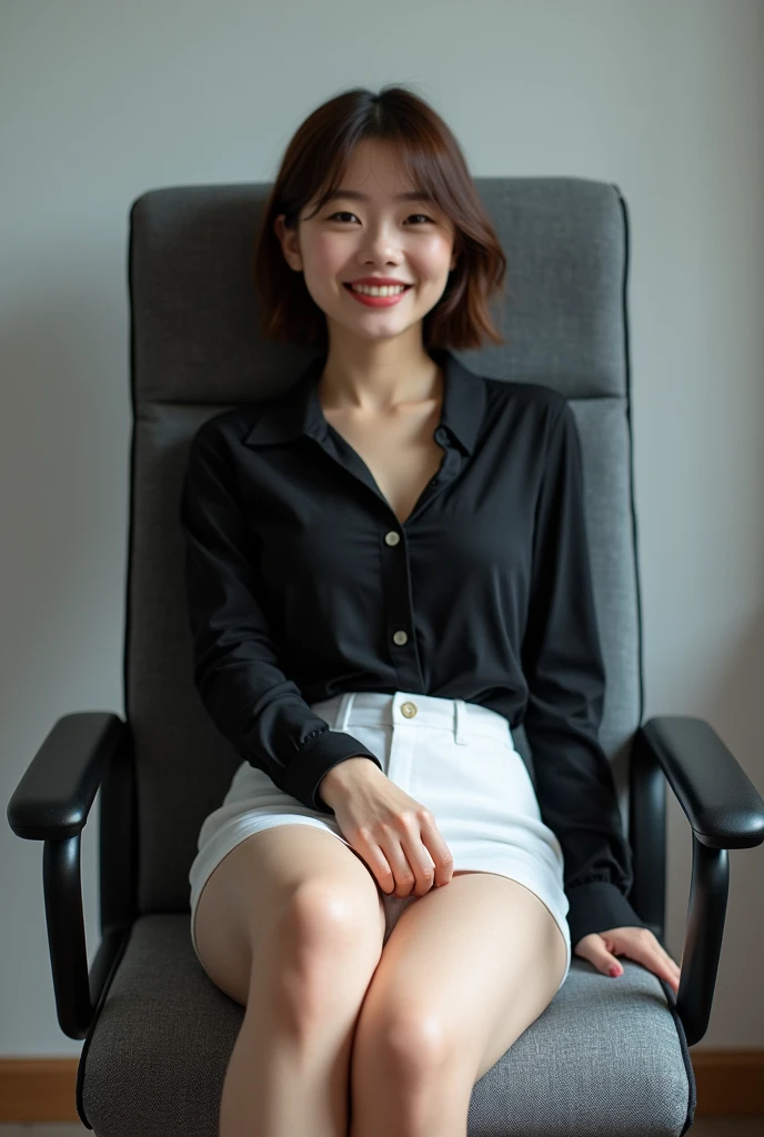 (masterpiece:1.2,8k, raw photo, ultra quality), absurdres, (photo realistic:2), high detail raw color photo,skiny skin, professional photograph,((best quality))、A very beautiful Japanese office lady、pencil skirt、dress shirt、skirt lift、upskirt、White panties、evil grin、smiling at viewer、Please put your feet up、short hair、Gray background、Sit on a chair、Front Light:1.2