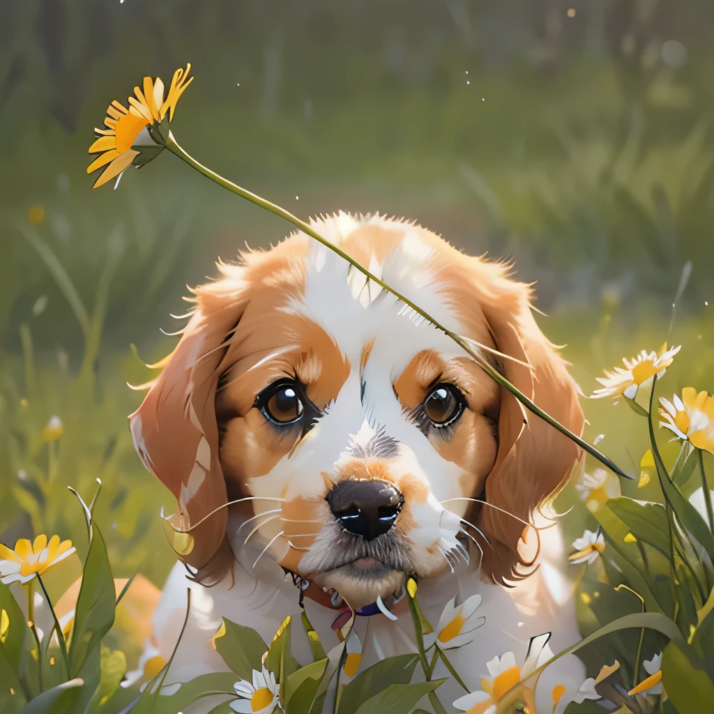 there is a small dog that is laying In the grass, close up portrait shot, cute dog, puppy, Cavalier King Charles Beagle, close up portrait, close up detailed, In the grass, close up photo, close up photo, close up portrait, Pick a flower, author：David Garner, close up photo, daisy, close up, author Jan Tengnagel