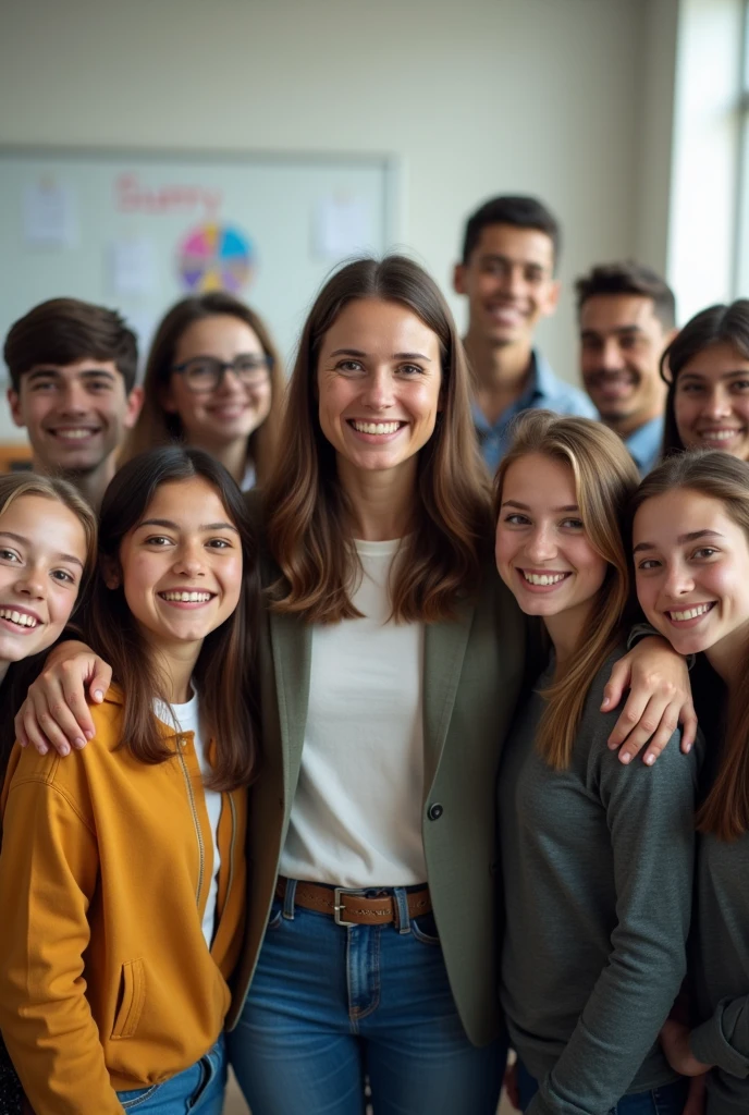 11 students and the teacher taking a picture together
