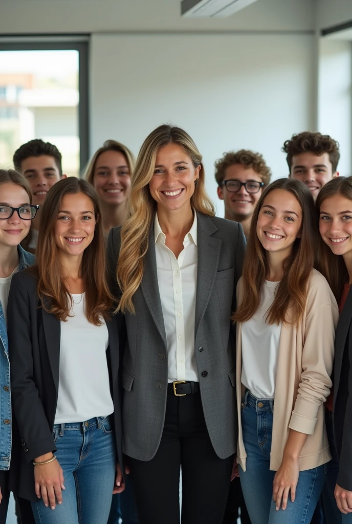 11 students and the teacher taking a picture together