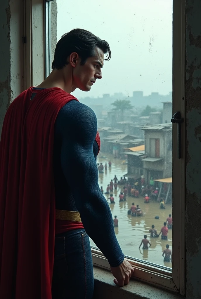 Superman seeing bangladeshi flood victims with sad mood from the window
