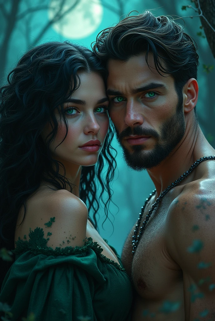 generate a werewolf book cover with a black-haired woman with green eyes and a man with blue eyes? Please. 😭😭