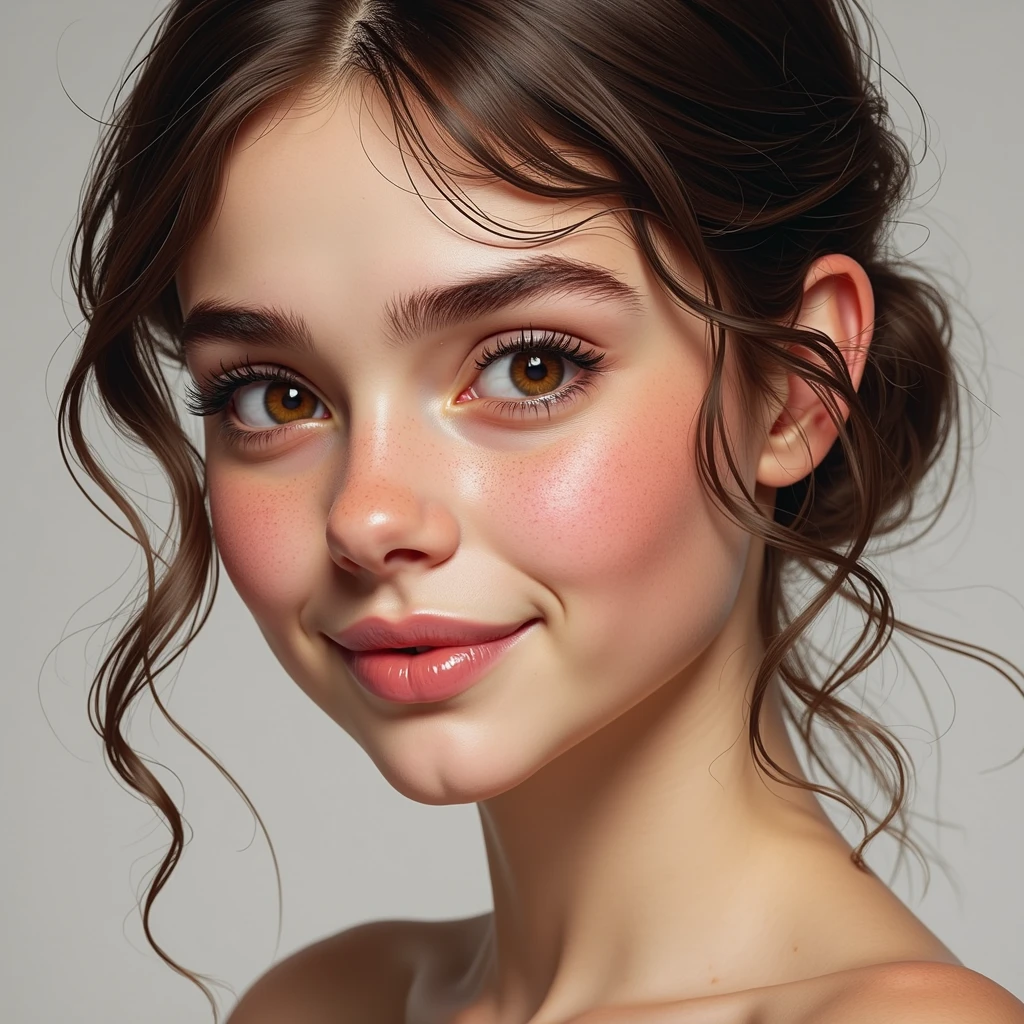 1, a young Hermione Granger, beautiful detailed eyes, beautiful detailed lips, extremely detailed eyes and face, long eyelashes, photorealistic, 8k, hyperrealistic, realistic lighting, dramatic lighting, warm color tones, cinematic, highly detailed, intricate details, masterpiece, professional quality, award winning, hair bun, bangs, full body view, skinny, short in height, exposed figure, holding a white towel, standing in front of a shower, wet hair, wet skin, freckles, flat chest, super high detail, super high quality, hot, open legs, shy smile