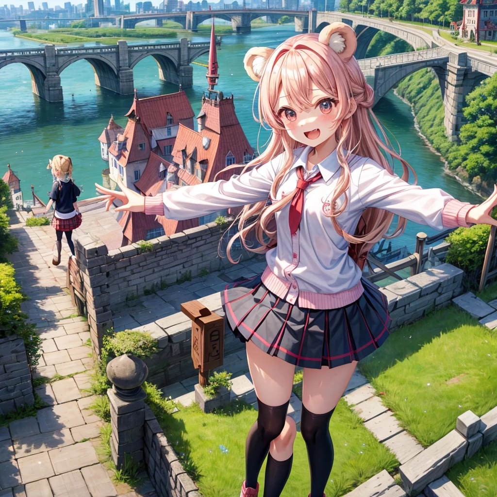 Pink Blonde、Red eyes、Wavy Hair、Hair tied up、Two cute、Checked mini skirt、black t-shirts、cardigan、Knee-high socks、bear ears baseball cap、Teeth are visible、Monster Castle、Tilting face、crossing the bridge、hazakura、windmill、grass、Stones are growing out of the ground.、A teddy bear is walking、Morning glory is blooming.、In front of the city gates、clock、Underground tunnels、Waterway、Small boat