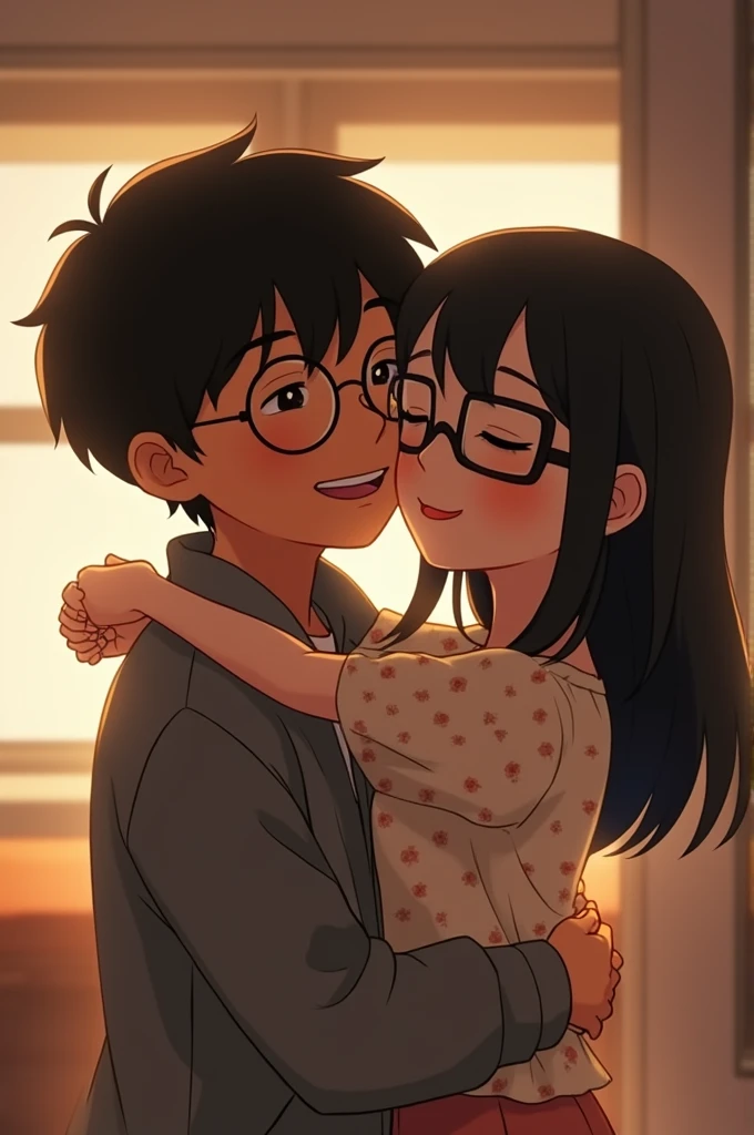 make a short vidio, a boy with a circle glasses black hair tan skin with a smile and grey jacket hug his girlfriend with a box shape glasses black hair white skin with smile wear flowers top