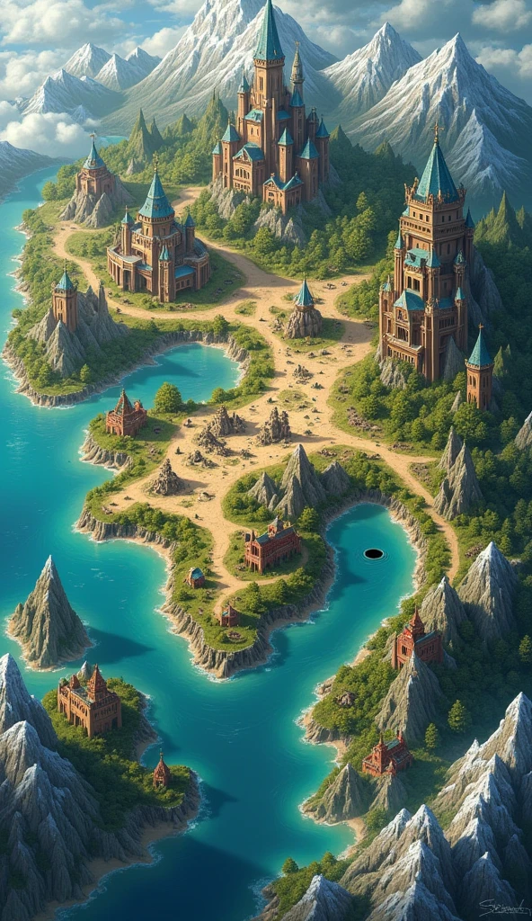 บนโต๊ะ แผนที่ขนาดใหญ่พิเศษประกอบด้วยภูมิประเทศ เช่น seaทราย, volcano , Snow Mountain , sea , Medium forest , Large dense forests, cities and countryside and forests , A map of a large fantasy world , รอบแผนที่ทุกด้านคือsea, The large continent has contiguous areas and consists of 3 human countries. , Country 1 is in the upper left corner of the map. , The second country is at the bottom of the map. , The third country is located to the right of the first country. , There are large international forest areas.,On the right side of the third country, there is a large and very long forest area, which is the territory of the Elf tribe. , ด้านขวาของดินแดนของเผ่าเอลฟ์ เป็นพื้นที่seaทราย , Human countries are surrounded by castles and cities. , ด้านขวาของประเทศที่3 มีพื้นที่sea และมีหลุมดำขนาดใหญ่อยู่กลางsea , ด้านขวาของหลุมดำขนาดใหญ่ มีsea และด้านขวาเป็นพื้นที่ภูเขาสูงของเผ่ามังกร , There are flying dragons in the mountains and it is a snowy area. , (The Elves live in a city with large trees that are taller than the surrounding forest. , The castles of the three human tribes have different styles and colors, divided into red, yellow, and blue. , Around the human city are houses, markets, and walls surrounding the city. , A distant and expansive view of the world map. , The three human castles must be far apart, with a forest area in the middle of the path. , top view