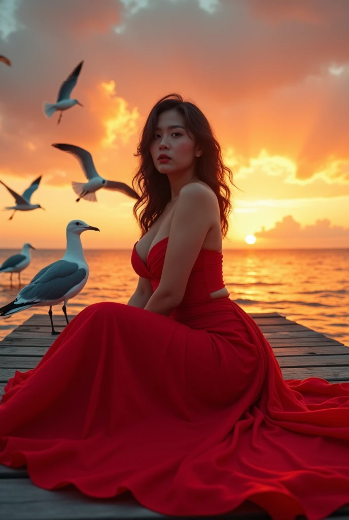 A indonesian woman poses for a photo shoot, wearing a red dress with a long tail, big breasts, dynamic movements, looking at the camera, sitting on a wooden pier by the sea at dusk, with a calm sea and a warm sunset in the background. Creating a beautiful color gradation. There are many seagulls flying in the sky, their silhouettes are illuminated by the soft sunset, very realistic cinematic colors, cinematic lighting