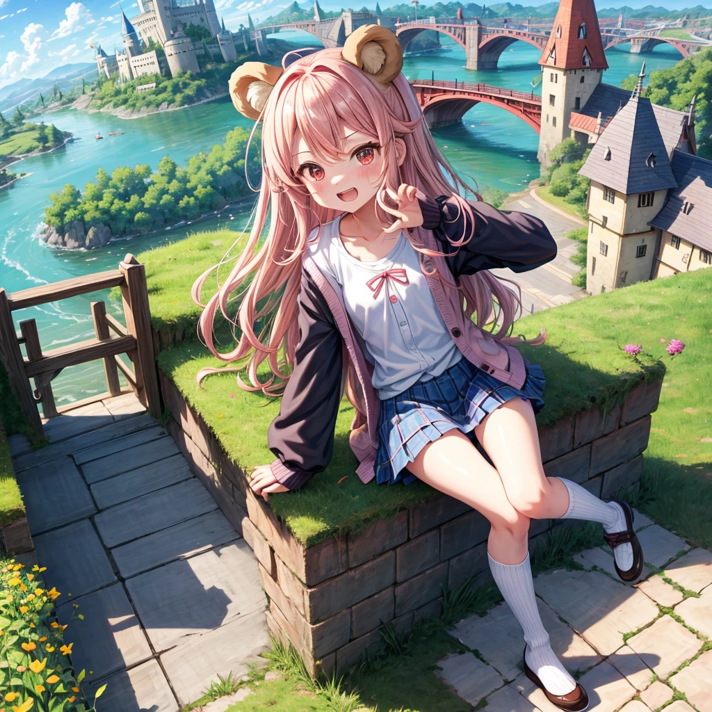Pink Blonde、Red eyes、Wavy Hair、Hair tied up、Two cute、Checked mini skirt、black t-shirts、cardigan、Knee-high socks、bear ears baseball cap、Teeth are visible、Monster Castle、Tilting face、crossing the bridge、hazakura、windmill、grass、Stones are growing out of the ground.、A teddy bear is walking、Morning glory is blooming.、In front of the city gates、clock、Underground tunnels、Waterway、Small boat