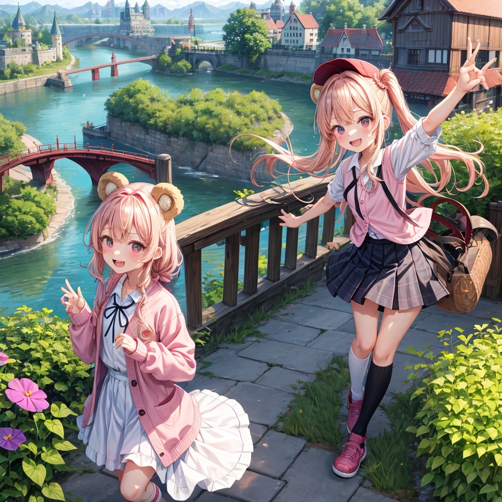 Pink Blonde、Red eyes、Wavy Hair、Hair tied up、Two cute、Checked mini skirt、black t-shirts、cardigan、Knee-high socks、bear ears baseball cap、Teeth are visible、Monster Castle、Tilting face、crossing the bridge、hazakura、windmill、grass、Stones are growing out of the ground.、A teddy bear is walking、Morning glory is blooming.、In front of the city gates、clock、Underground tunnels、Waterway、Small boat