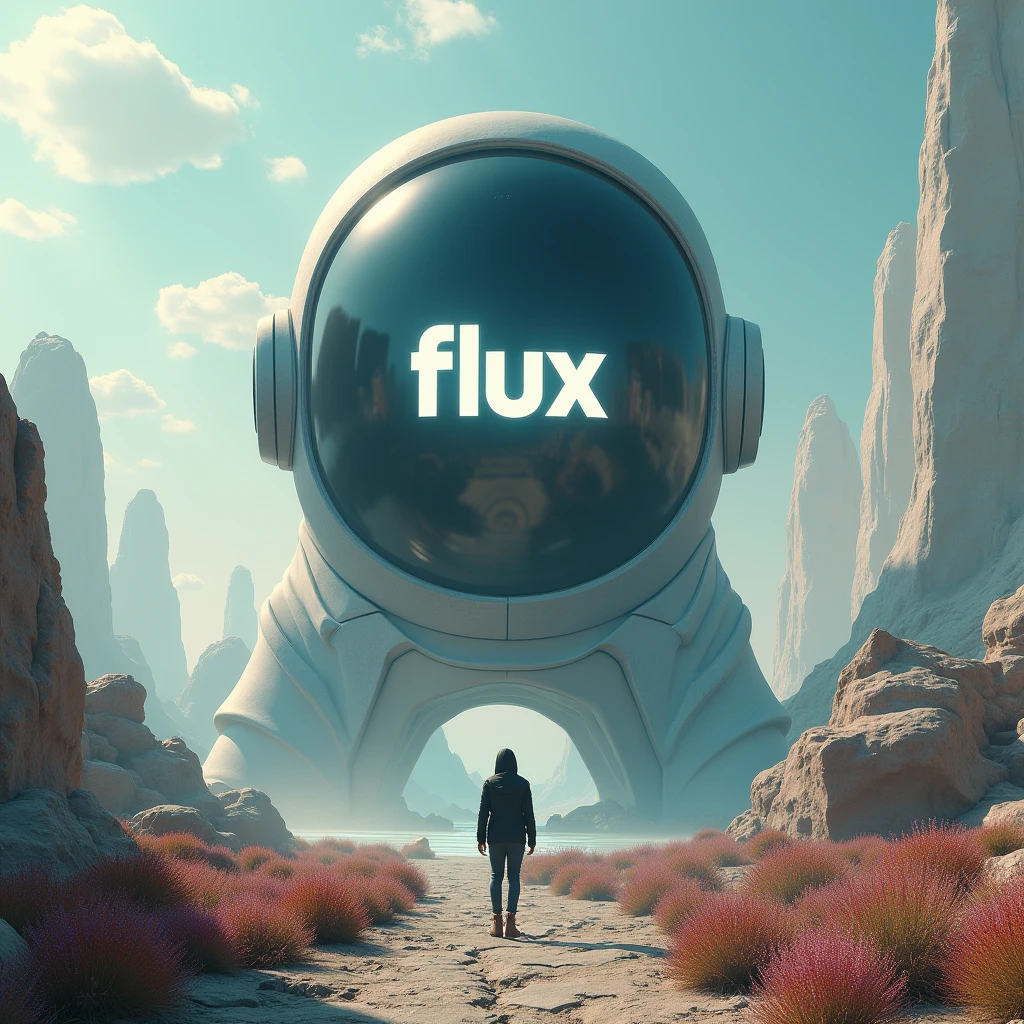 Surreal landscape，A huge helmet screen with the word &quot;FLUX&quot; written on it，Facing the screen，close up