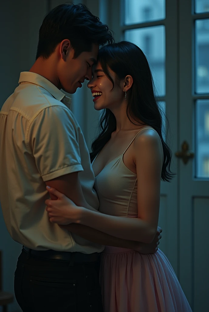 １９One year old woman, Being hit on the ass hard by his handsome boyfriend , Meia-noite, in a house, scream out, Meia-noite, ​masterpiece, Realistic, Person from Korea, Well-formed look, high qualiy, clothing transparent, slenderbody, A woman is wrapped in her skirt by her father