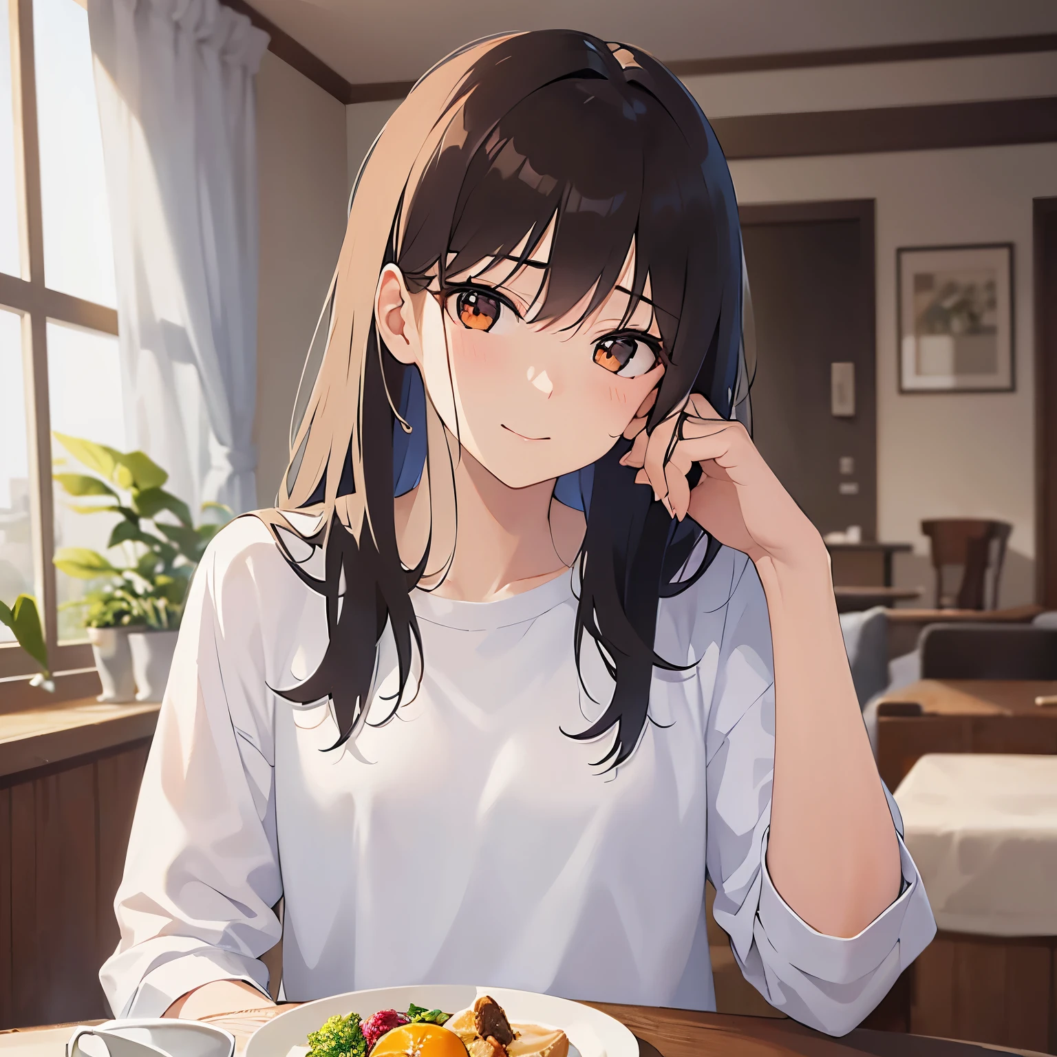 thin arms、emaciated, (scrawny:1.3), (small:1.5) and (breasts)、Upper Body, Highest quality、masterpiece、(A 25-year-old woman with medium-length hair and bangs) and (wavy hair) and (brown hair) and (orange eyes) , Wearing a white T-shirt 、Sad smile, The background is the living room、Alone、Dining table、Sitting、Food on a plate、