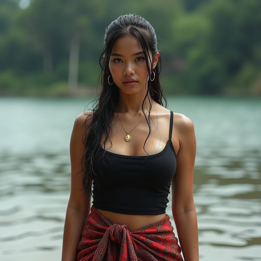 portrait of beautiful indonesian woman, huge breasted, tied wet hair, wearing  tight black sleeveless t-shirt and batik sarong, washing clothes in the water, with a background of lake village, look at the viewer, super HD, 8K, hyper realistic, cinematic, natural light,