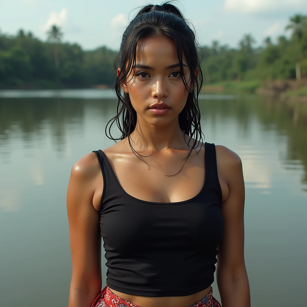 portrait of beautiful indonesian woman, huge breasted, tied wet hair, wearing  tight black sleeveless t-shirt and batik sarong, washing clothes in the water, with a background of lake village, look at the viewer, super HD, 8K, hyper realistic, cinematic, natural light,