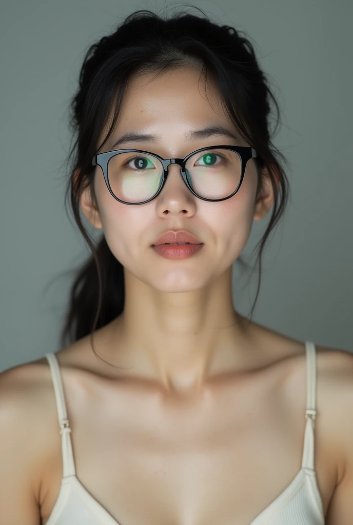 1 person、Close-up of a middle-aged Japanese woman、Facing forward、Photo from chest up、Naked、Small breasts、Black-rimmed glasses、Hair slicked back in a ponytail。