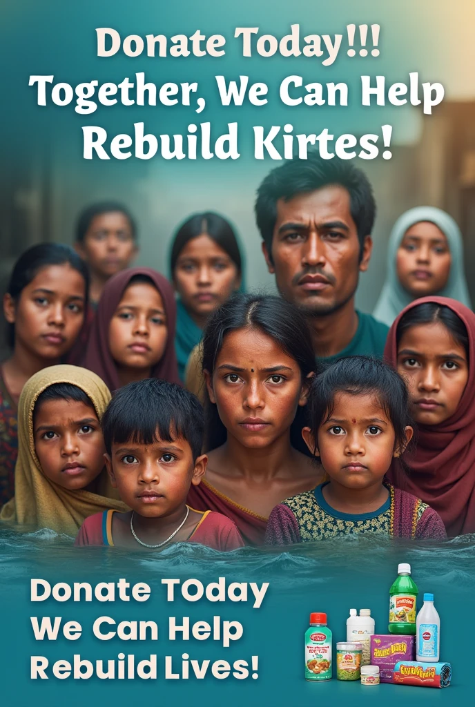 Create a Facebook banner for a flood relief collection drive. The banner should have a community-focused theme with a background showing subtle water waves or a flood-affected area. Include icons or images of essential relief items like canned food, bottled water, blankets, and hygiene products. Use bold and readable text for the headline 'Flood Relief Collection Drive' at the top, and additional text saying 'Donate Today' and 'Together, We Can Help Rebuild Lives!' Ensure the colors are warm and inviting, with a mix of blues and earthy tones to represent water and community strength. For bangladesh peoples included child, woman, man, old, sick photorealistic, focal length 1.8. Sad face.