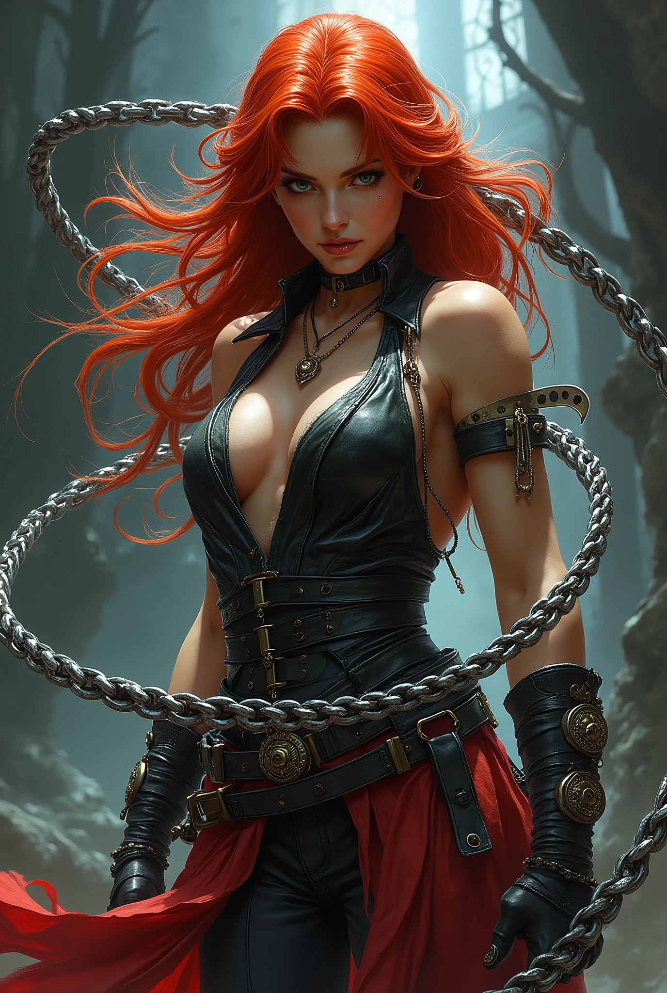 "Create an image of a fierce red-haired female vampire hunter with a graceful yet powerful figure, depicted in the exaggerated 'Dynamic Ink' style inspired by Street Fighter 6. She wields a whip made from silver chains, her signature weapon, which she expertly controls with fluid, deadly precision. Her attire is practical yet striking, designed for combat and mobility, with dark tones that contrast against the gleaming silver of her accessories.


"Create a breathtaking, semi-realistic image of a fierce red-haired female vampire hunter, exuding strength and determination. She wields a whip made from silver chains, the weapon gleaming with a deadly shine as it coils around her like a serpent. Her fiery red hair flows wildly, matching the intensity in her eyes and the resolute expression on her face.

In addition to her rugged, battle-worn attire suited for dangerous hunts, she is adorned with a silver chain belt, silver chain bracelet, and a silver chain necklace, each piece glinting ominously in the dim light. These chains not only serve as accessories but also symbolize her power and resilience. She stands ready for combat, the silver chain whip prominently featured, emphasizing her lethal skill.

The background is dark and atmospheric, filled with shadows and hints of a gothic landscape that emphasize the perilous world she navigates. The composition should capture the intensity of the vampire hunter's mission, blending semi-realistic detail with a sense of dark fantasy, creating an immersive and visually striking image."