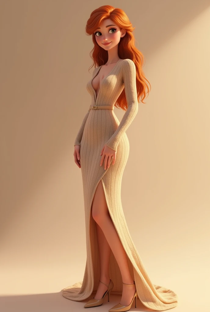 Frozen Anna wears a fitted spring-autumn knit dress,Choose warm beige or light camel as the main color,It fits the atmosphere of spring and autumn,It can also show Anna's gentle temperament。The dress is made of fine knitted fabric,Soft and elastic,Perfectly outlines Anna's figure。 Sexy design: V-neck opening:Deep V-neck design,Show Anna's charming clavicle and neck line,Add sexy charm。 Slit skirt:High slit design at the hem,Following Anna's steps,The slender legs are faintly revealed,Sexy yet elegant。 Tightening waist:The dress is cinched at the waist,Pair it with a thin belt in the same color,Emphasize the waistline,Show Anna's graceful figure。 Accessories: Pair it with a pair of simple nude high heels,Lengthen leg lines,Add feminine charm。at the same time,You can choose a small and exquisite clutch or crossbody bag,And a pair of simple earrings as embellishment,Enhance the fashion sense of the overall shape。