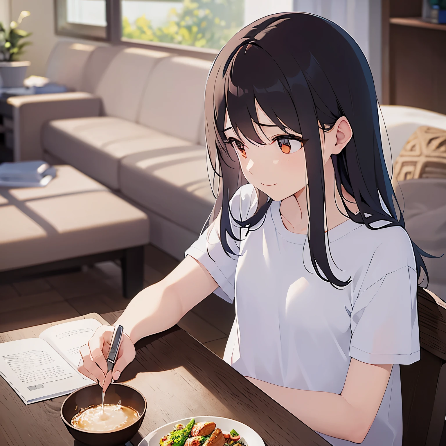 looking down, (looking away:1.5), thin arms、emaciated, (scrawny:1.3), (small:1.5) and (breasts)、Upper Body, Highest quality、masterpiece、(A 25-year-old woman with medium-length hair and bangs) and (wavy hair) and (brown hair) and (orange eyes) , Wearing a white T-shirt 、Sad smile, The background is the living room、Alone、Dining table、Sitting、Food on a plate、