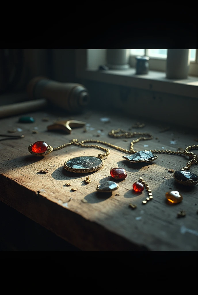 Broken jewelry on a workbench 
