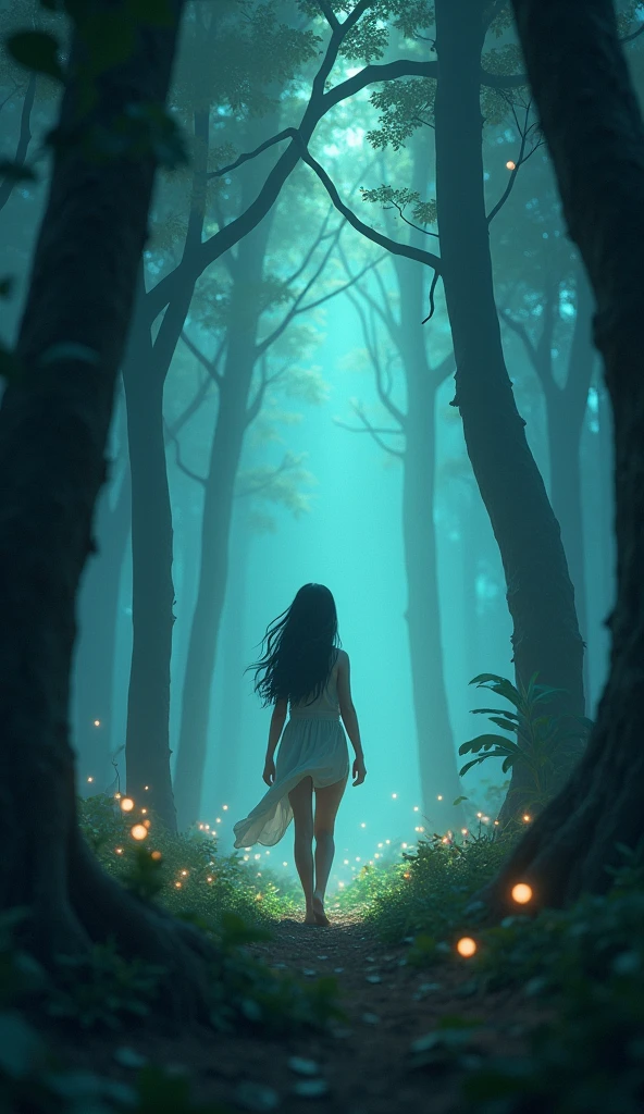 Generate in 3d cinematic and cartoon style**: A dreamlike sequence showing Radhika walking through a dark forest, with trees casting long shadows, and a mysterious light guiding her path towards the deeper part of the jungle