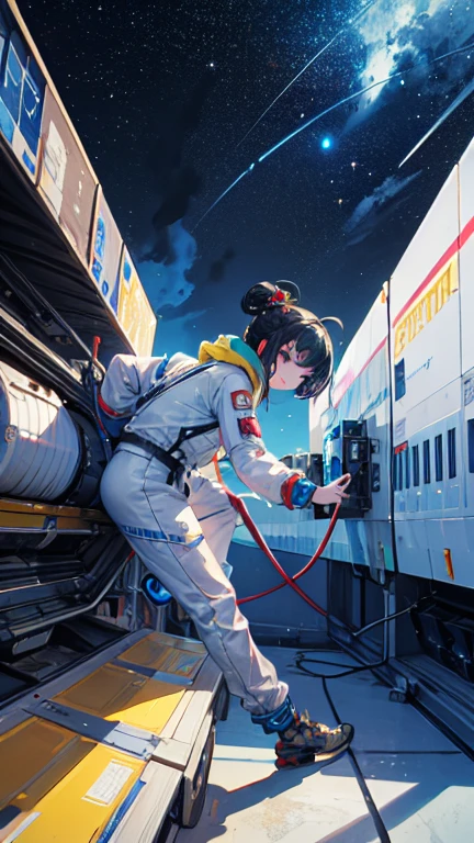 (((masterpiece))), (((Highest quality))), ((Very detailed)), (Highly detailed CG illustrations), ((Very delicate and beautiful)),(From the side),Cinematic Light,A girl climbs into the cockpit、Black Hair、long、Boarding a small spaceship，In the cockpit，Starry Sky, Big Clouds,colored glaze,Golden Universe，Space Station、Preparing for takeoff、Spacesuit、Aiming for Andromeda、Toa Heavy Industries decals、Lonely smile，A cable connects the body to a small spacecraft、Close the hatch，Complex Instrumentation