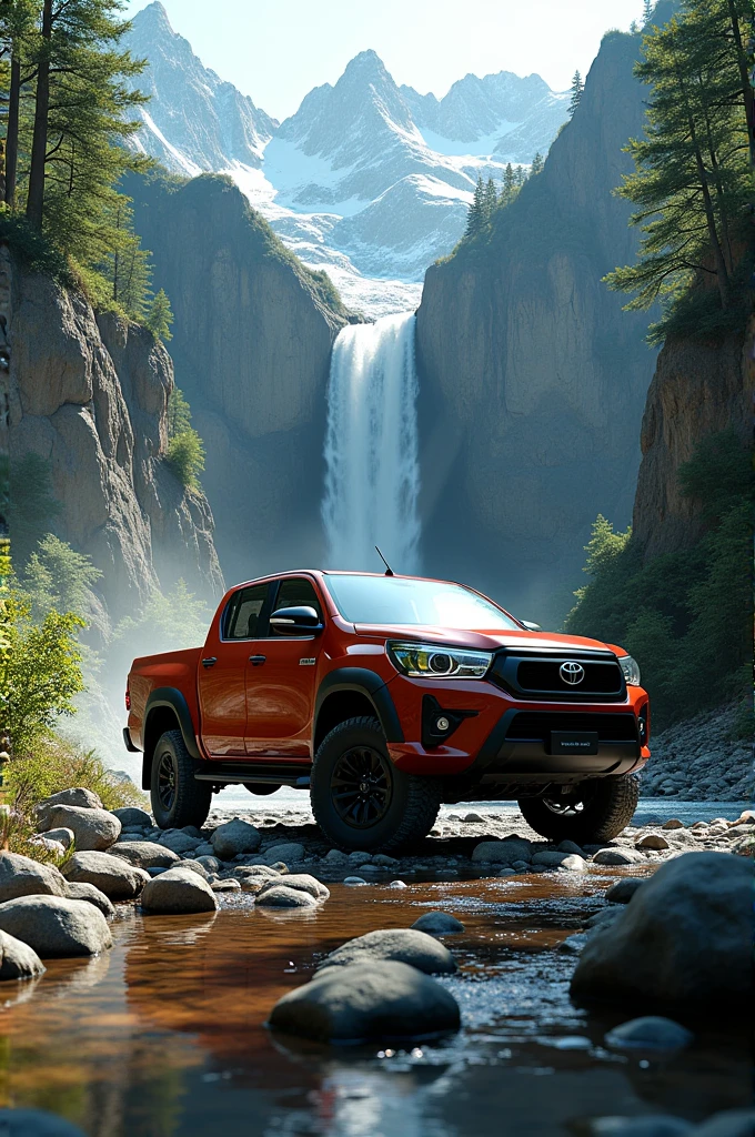 Toyota Hilux car in mountain with water fall and trees