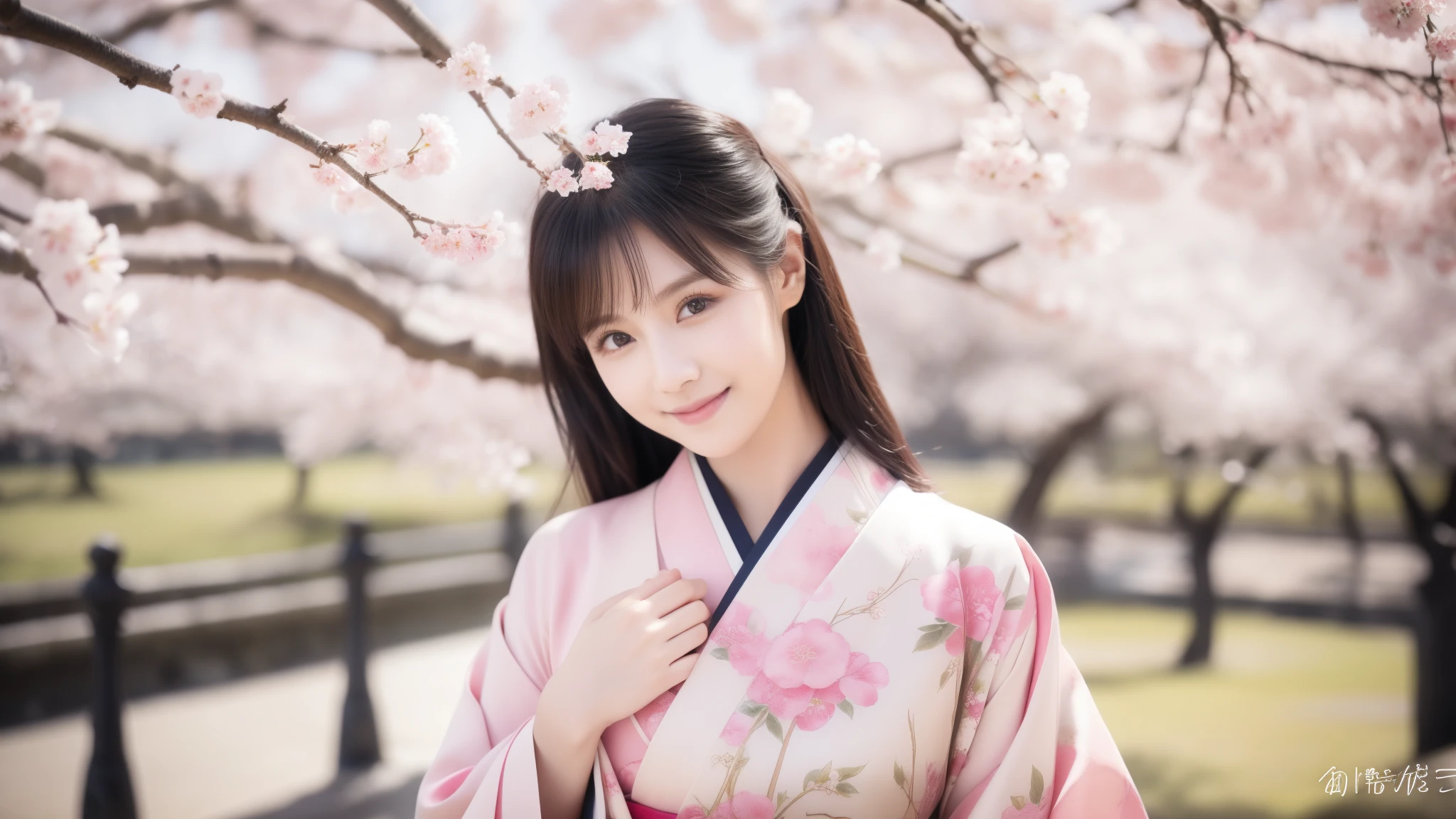 Pale pink undertones、Warm smile、Highest quality、8k、Ultra-high resolution、Under a cherry tree in full bloom、Realistic photo style、Healthy body shape、Sparkling Eyes、Flowing jet black hair、A gorgeous kimono with a cherry blossom motif、Calm expression、Soft natural light、Contemporary Japanese art style、Pale colors、Quiet atmosphere、Detailed Features、Graceful pose、Scenery surrounded by cherry blossoms