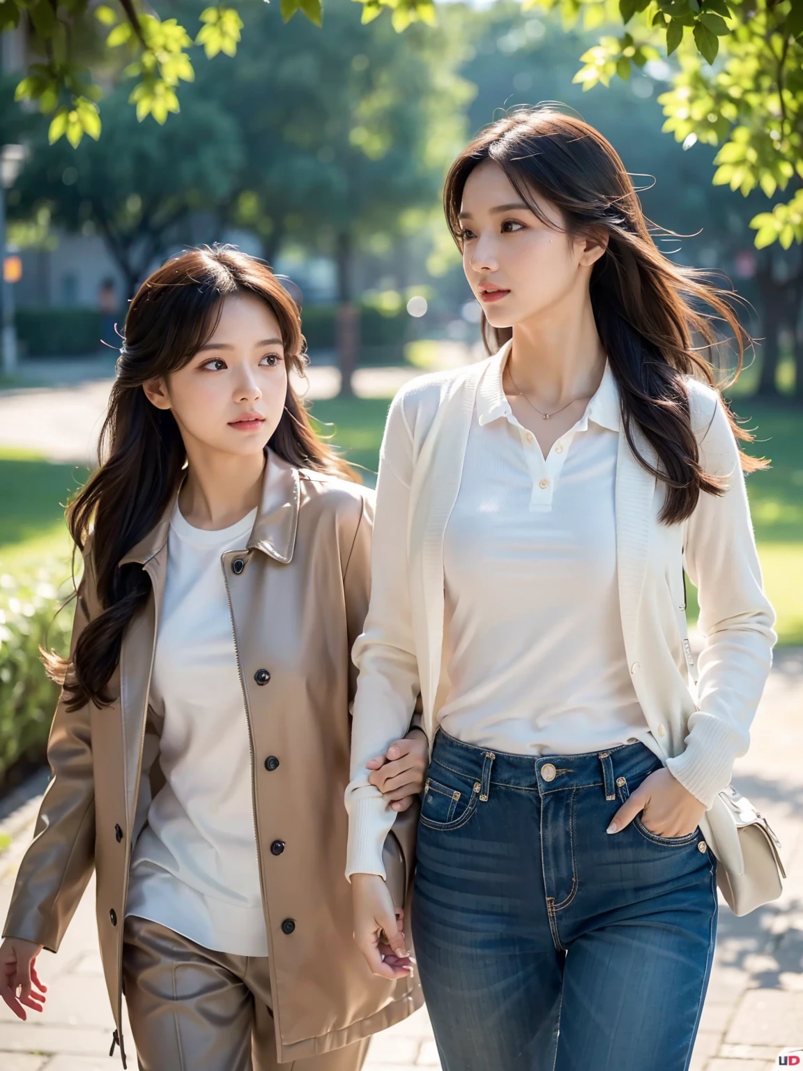A beautiful 31-year-old mother and her adorable -yeld dater are having fun walking in a park.、Shirt, jacket,trousers,long hair,(best quality,8ก,height,Masterpiece:1.2),Very detailed,(realistic,photorealistic,photo-realistic:1.37),HDR,UHD,studio lighting,ภาพวาดที่Very detailed,Sharp focus,Physical rendering,คำอธิบายรายVery detailed,professional,bright colors,Bokeh, Portrait,Colorful and vibrant color tones,Soft and gentle light.Highest picture quality,ภาพrealisticเกินจริง,(8k),see full body,Anatomically correct, detailed skin, (detailed face), Very detailed and delicate eyes, Clean and shiny lips, (Very detailed:1.3), (best quality:1.3), (Masterpiece, 8k:1.3), (realistic:1.3), natural light
