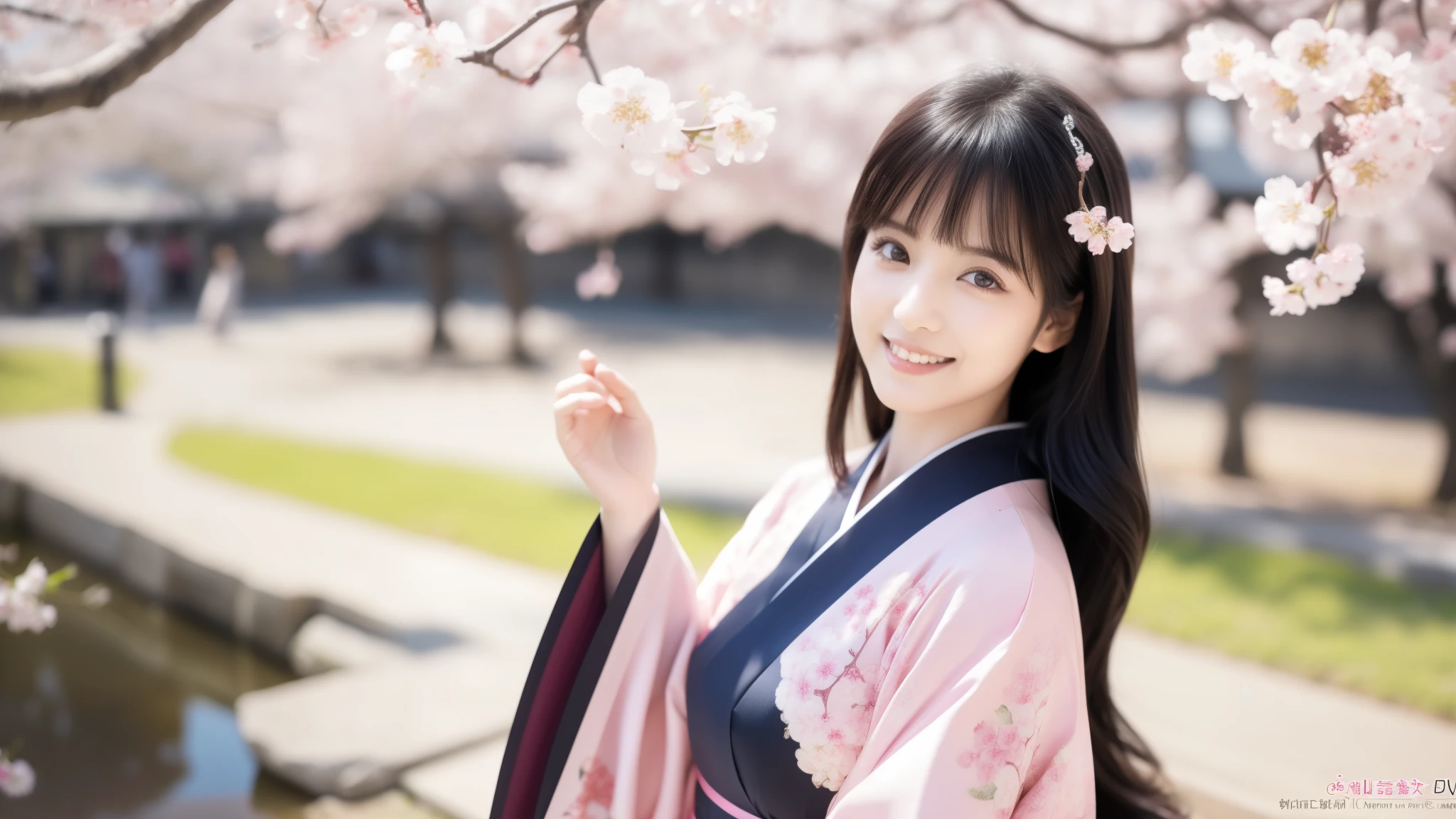 Pale pink undertones、Warm smile、Highest quality、8k、Ultra-high resolution、Under a cherry tree in full bloom、Realistic photo style、Healthy body shape、Sparkling Eyes、Flowing jet black hair、A gorgeous kimono with a cherry blossom motif、Calm expression、Soft natural light、Contemporary Japanese art style、Pale colors、Quiet atmosphere、Detailed Features、Graceful pose、Scenery surrounded by cherry blossoms