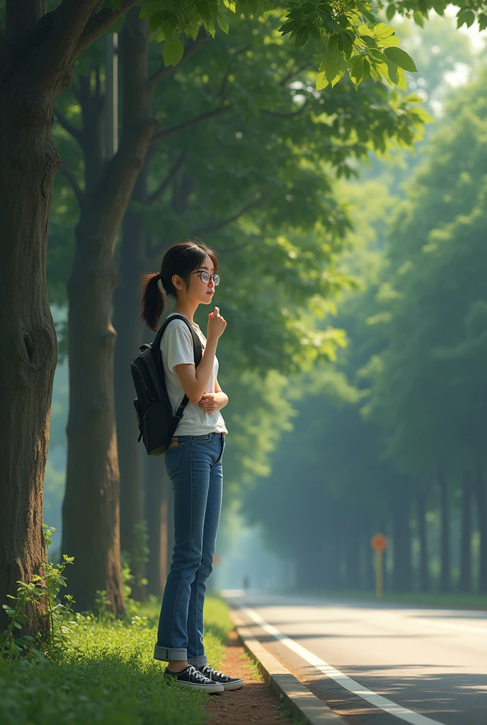 A girl in shirt jeans pants and glasses is standing on the side of the road with her hands on a pole and next to her are some trees and space to write her name