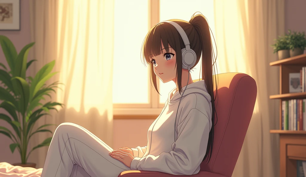 morning、Listen to music in the room、Sit on a chair、high school girl、Big Breasts、 relax、White sweatshirt、ponytail、Use headphones, Bright environment、2D-style animation, Lo-Fi、Retro、Anime style illustrations、Line art with clear outlines