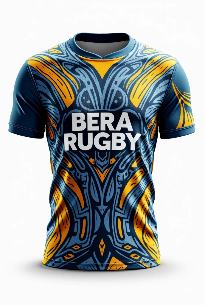 Create rugby jersey round neck yellow blue white Maori tribe full pattern white background wrote BERA rugby