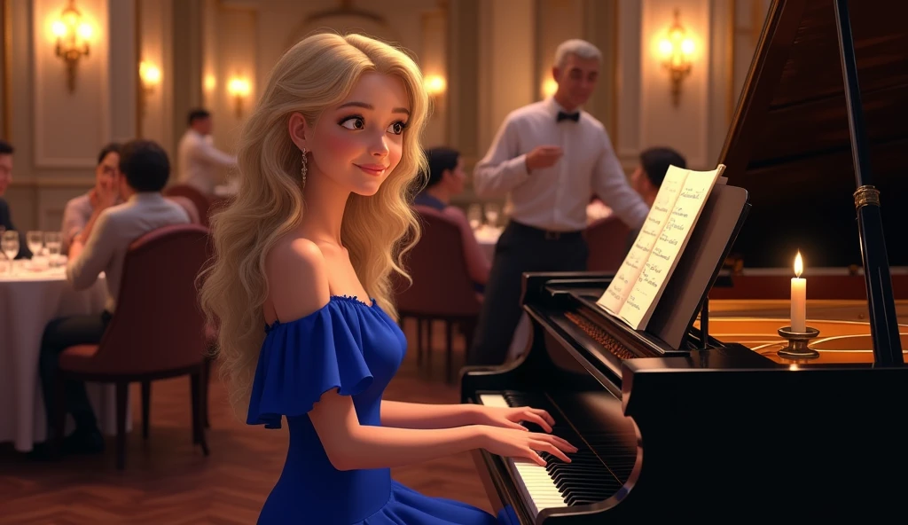 Inside a high-end steakhouse，There is a grand piano in the lobby，Many customers are enjoying dinner。The waiter shuttled between them。One with long blond curly hair、With bangs on the forehead、Young female pianist wearing a royal blue evening gown with off-the-shoulder shoulders is smiling and playing jazz。The whole piano must be visible in the picture，A candlestick is placed on the grand piano，emit gentle light。