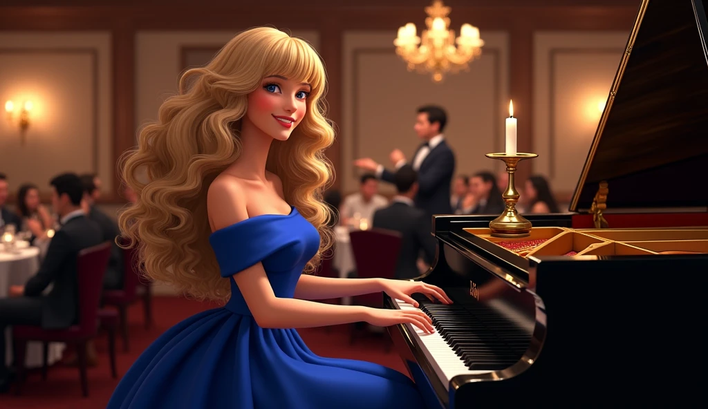 Inside a high-end steakhouse,There is a grand piano in the lobby,Many customers are enjoying dinner。The waiter shuttled between them。One with long blond curly hair、With bangs on the forehead、Young female pianist wearing a royal blue evening gown with off-the-shoulder shoulders is smiling and playing jazz。The whole piano must be visible in the picture,A candlestick is placed on the grand piano,emit gentle light。