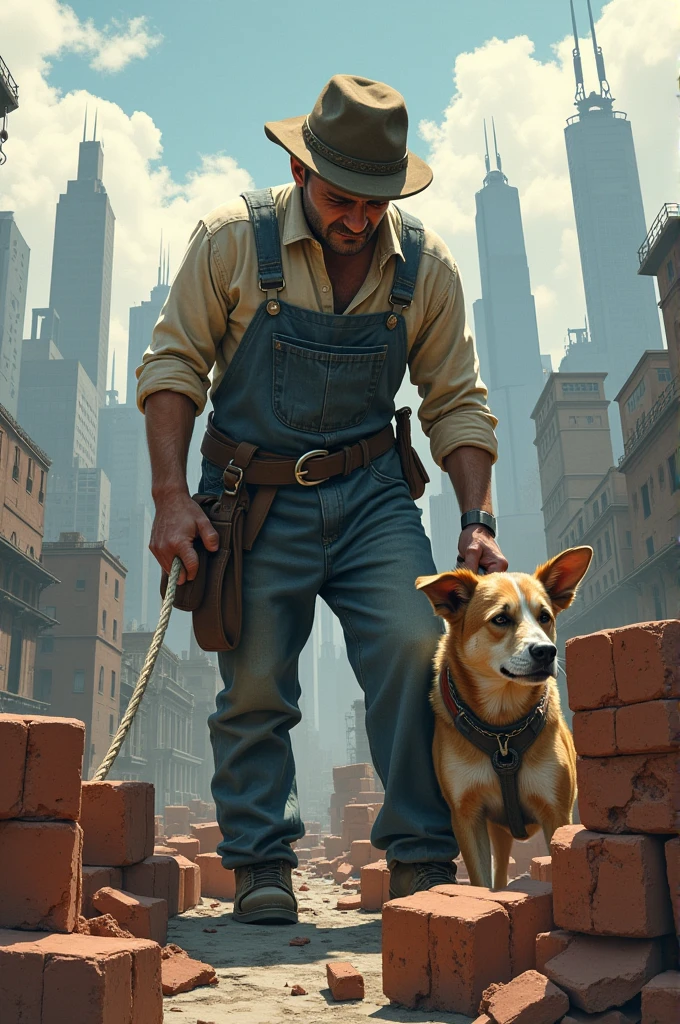 City，City的远处是高楼大厦，There is a frightened dog nearby.，Wear overalls，With a hat，Moving bricks，Showing sadness，A sharp contrast
