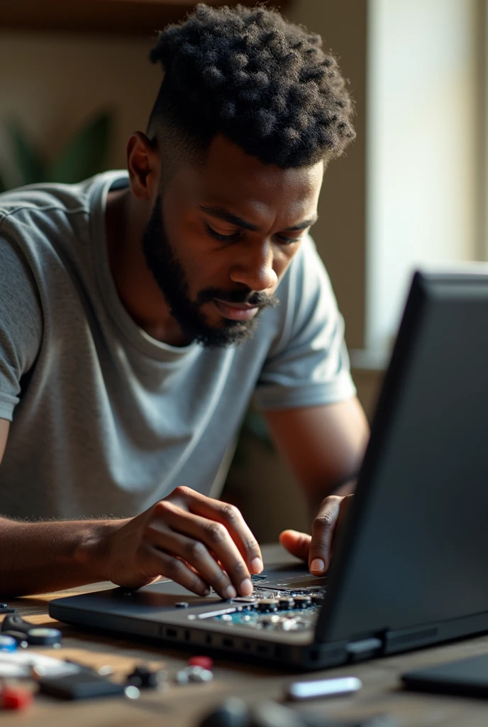 a black african repairing laptop
