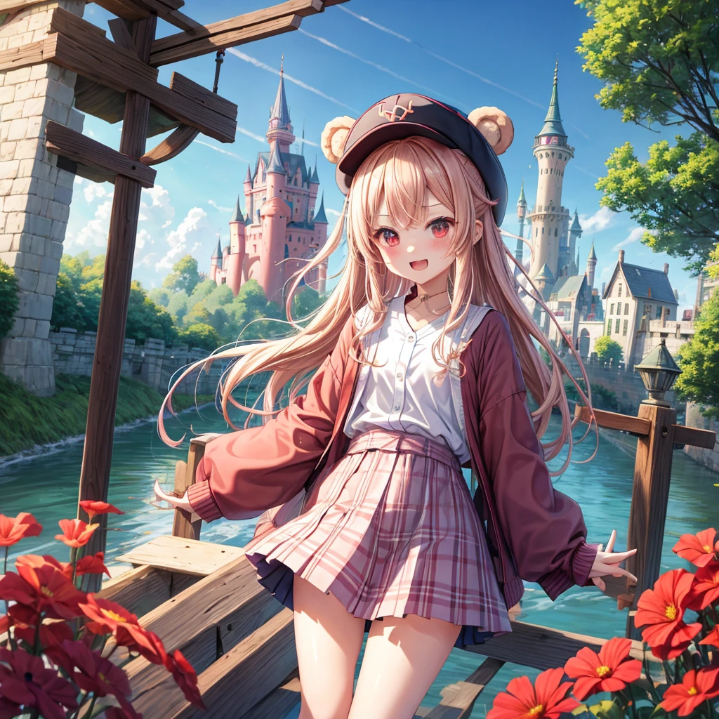 Pink Blonde、Red eyes、Wavy Hair、Hair tied up、Two cute、Checked mini skirt、black t-shirts、cardigan、Knee-high socks、bear ears baseball cap、Teeth are visible、Monster Castle、Tilting face、crossing the bridge、hazakura、windmill、grass、Stones are growing out of the ground.、A teddy bear is walking、Morning glory is blooming.、In front of the city gates、clock、Underground tunnels、Waterway、Small boat