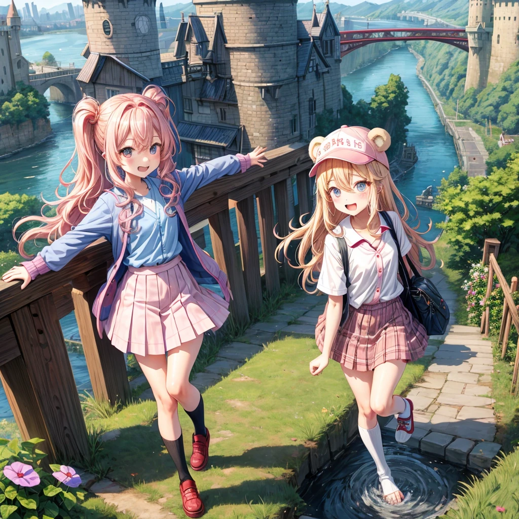 Pink Blonde、Red eyes、Wavy Hair、Hair tied up、Two cute、Checked mini skirt、black t-shirts、cardigan、Knee-high socks、bear ears baseball cap、Teeth are visible、Monster Castle、Tilting face、crossing the bridge、hazakura、windmill、grass、Stones are growing out of the ground.、A teddy bear is walking、Morning glory is blooming.、In front of the city gates、clock、Underground tunnels、Waterway、Small boat
