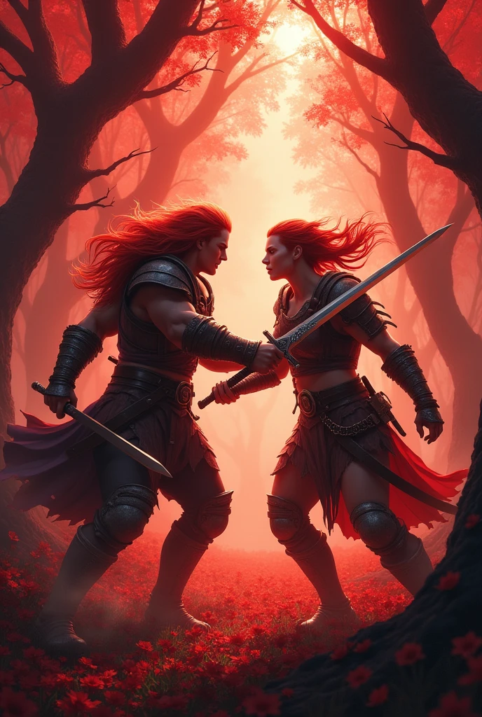 Create a scenario where two vlas face each other in a medieval battle in a red forest. The characters are light redheaded.