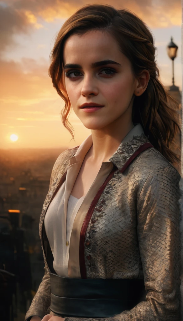 (Emma Watson) long hair, realistic,highres,reality,creative,(huge filesize, Palestine flag flying in the wind with a sunset) in the background unreal engine, octane render, trending on artstation, incredible detail