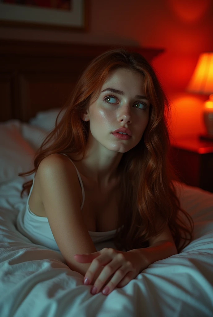 auburn hair girl with long straight brown hair, eyes with , without a cap lying on her back on a bed looking at the ceiling similar to Ariana Grenblaat. Red lighting in the room,skin texture,full body,from distance photoshoot,large breasts.