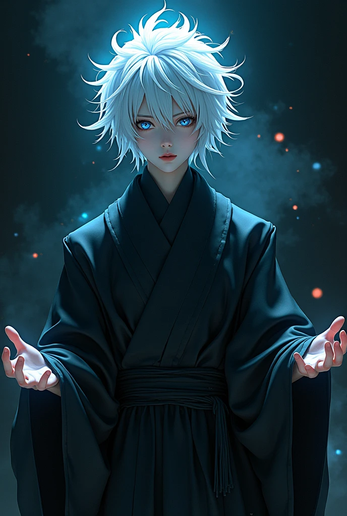 ((High detail、Cinematic lighting))、Messy white hair、Aquamarine eyes、White lashes、god rays、Ray tracing、drop shadow、optical illusion、Haut du corps、Looking at the camera、Masterpiece、((Super Detail、Best Quality、8K))、Jujutsu Kaisen、Gojo Gojo、Black attire、Surgical unfolding、Perfect jet black background、serene look、powerful being、Mystical atmosphere、(Strange moonlight、ominous shadows、 Intense blue aura、 Intense red aura、Symbol of the power that surrounds him、Radiating magical energy、Mystical artifacts、Ether particles、dinamic pose、Epic soundtrack、(((Detailed hand)))、sunglass