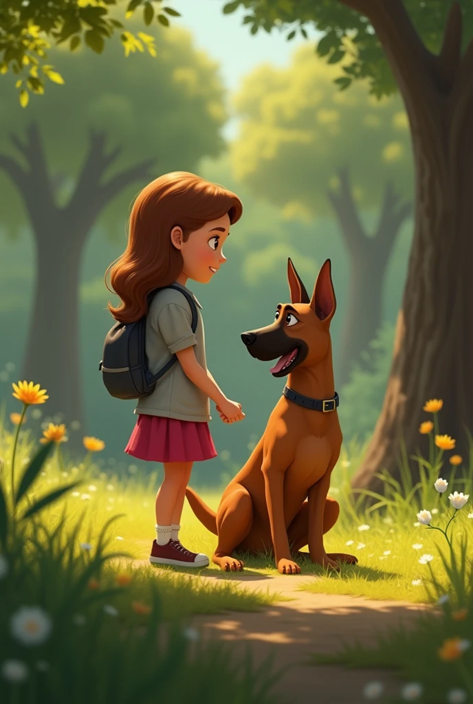 From the image I uploaded, I want a composition of that girl accompanied by her Belgian Malinois, in Disney pixar style, in a wooded park