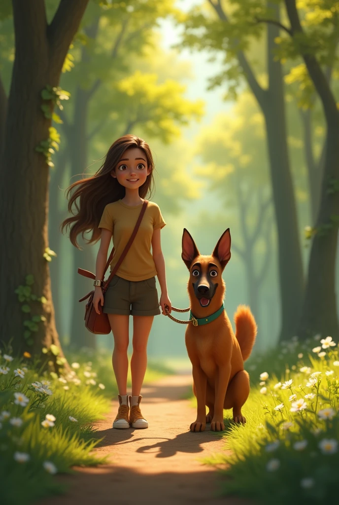 From the image I uploaded, I want a composition of that girl accompanied by her Belgian Malinois, in Disney pixar style, in a wooded park