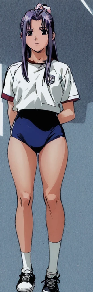 Momoko Koigakubo, a tall girl with beautiful legs, stands in a white gym uniform and light navy blue bloomers that look like panties.。high resolution。